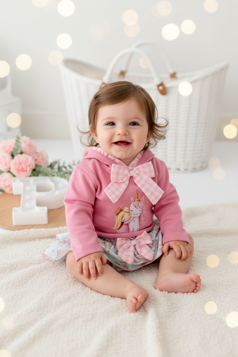 Conjunto unicórnio : camisola e saia tapa fraldas