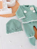 Conjunto pompons: camisola, calças e gorro Outono Inverno