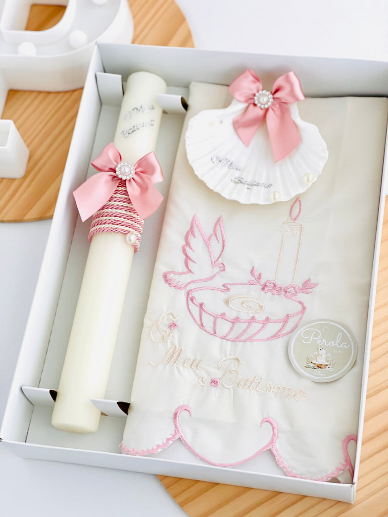 Conjunto para Batizado: vela, toalha e concha Batizado rosa velho pomba
