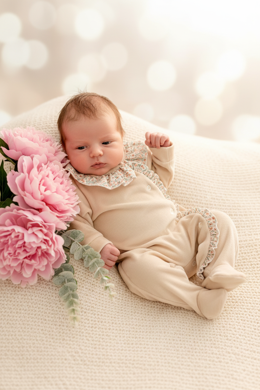 Babygrow tema flores em VELUDO bege