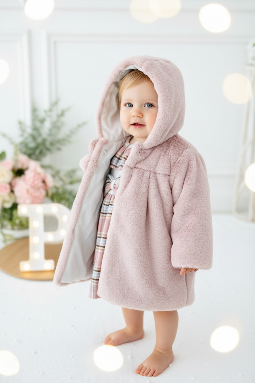 Conjunto Bela: casaco de pêlo comprido e vestido