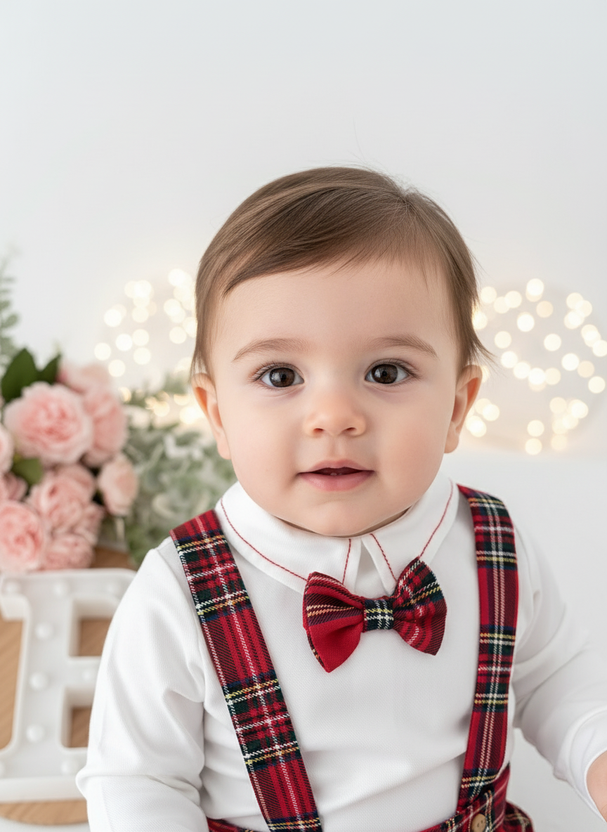 Conjunto xadrez vermelho menino Natal: calções, camisa em flanela e laço xadrez 2.0