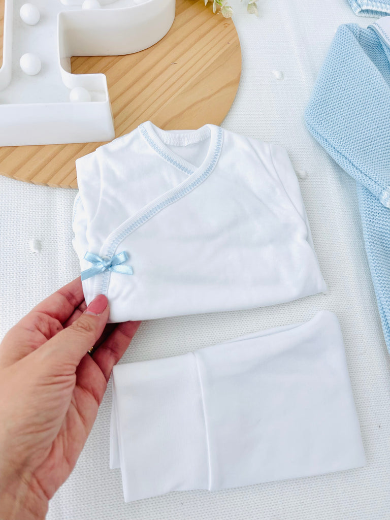 Pack saída de maternidade Azul 5 peças: body, calças, jardineiras, camisola e gorro