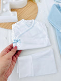Pack saída de maternidade Azul 5 peças: body, calças, jardineiras, camisola e gorro