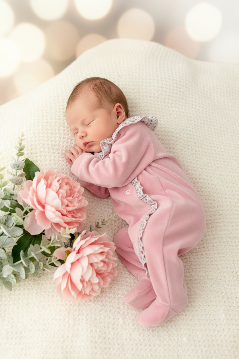 Babygrow tema flores em VELUDO Rosa velho