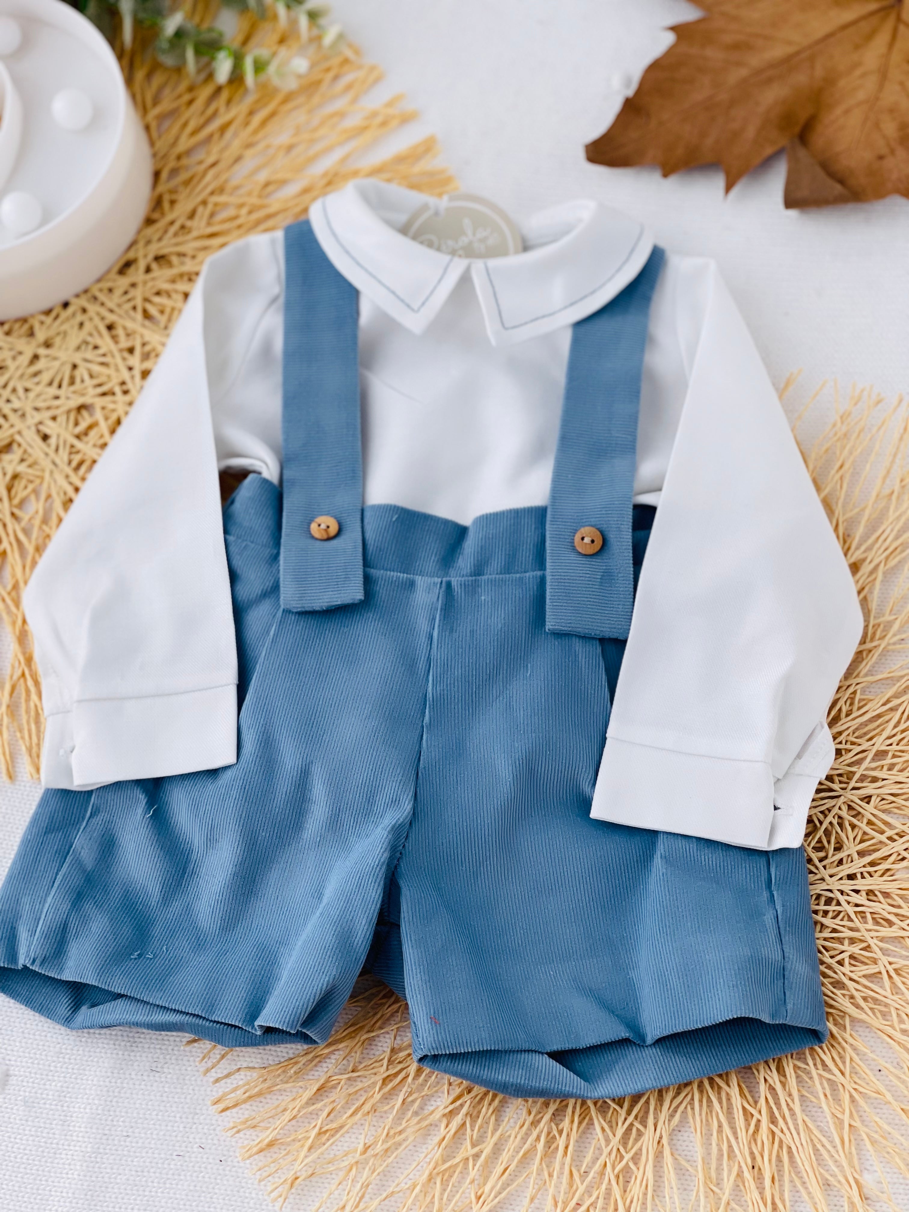 Conjunto menino azul: Calções bombazine e camisa- Outono/Inverno