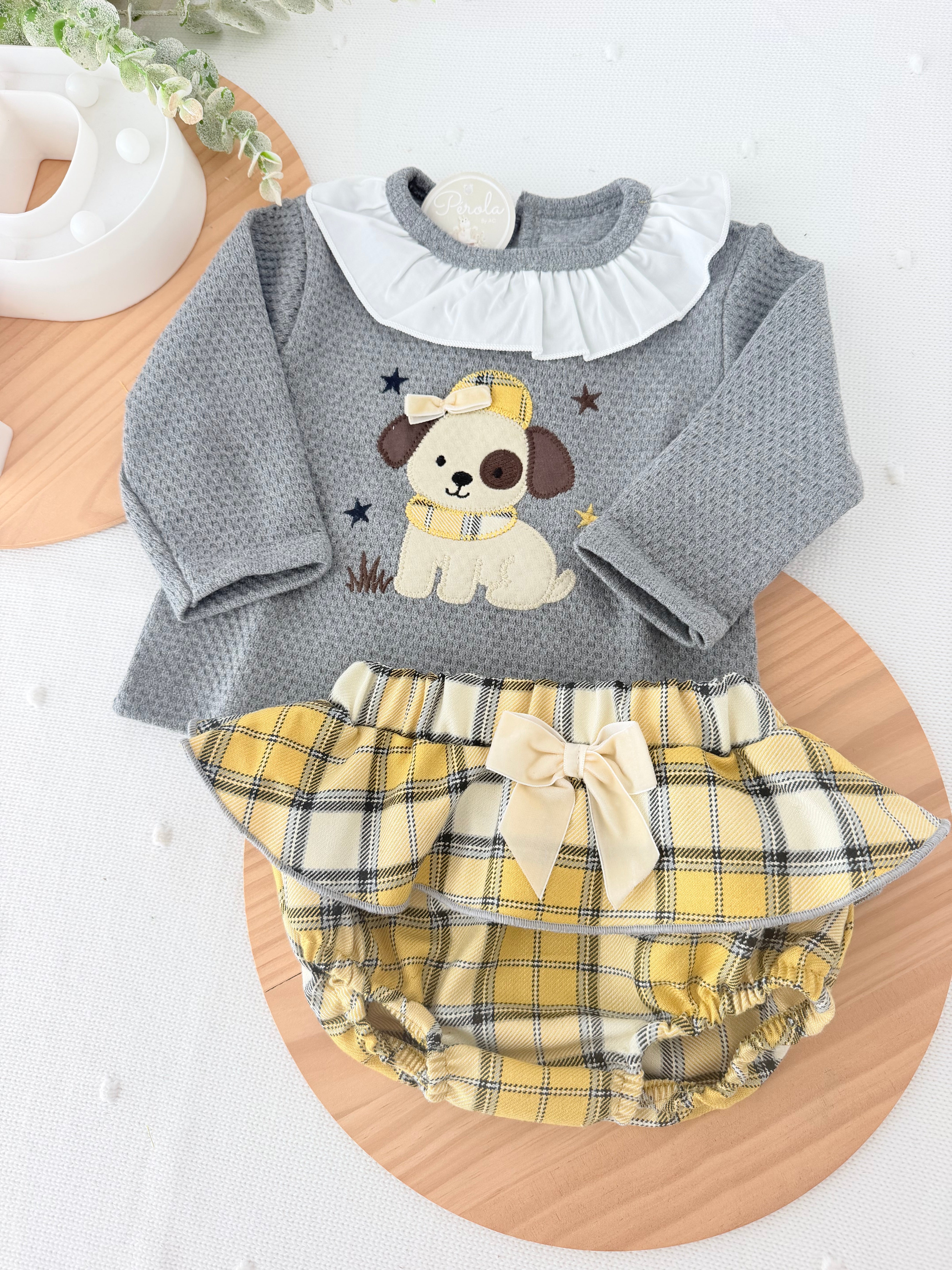 Conjunto cãozinho: camisola e saia com tapa fraldas