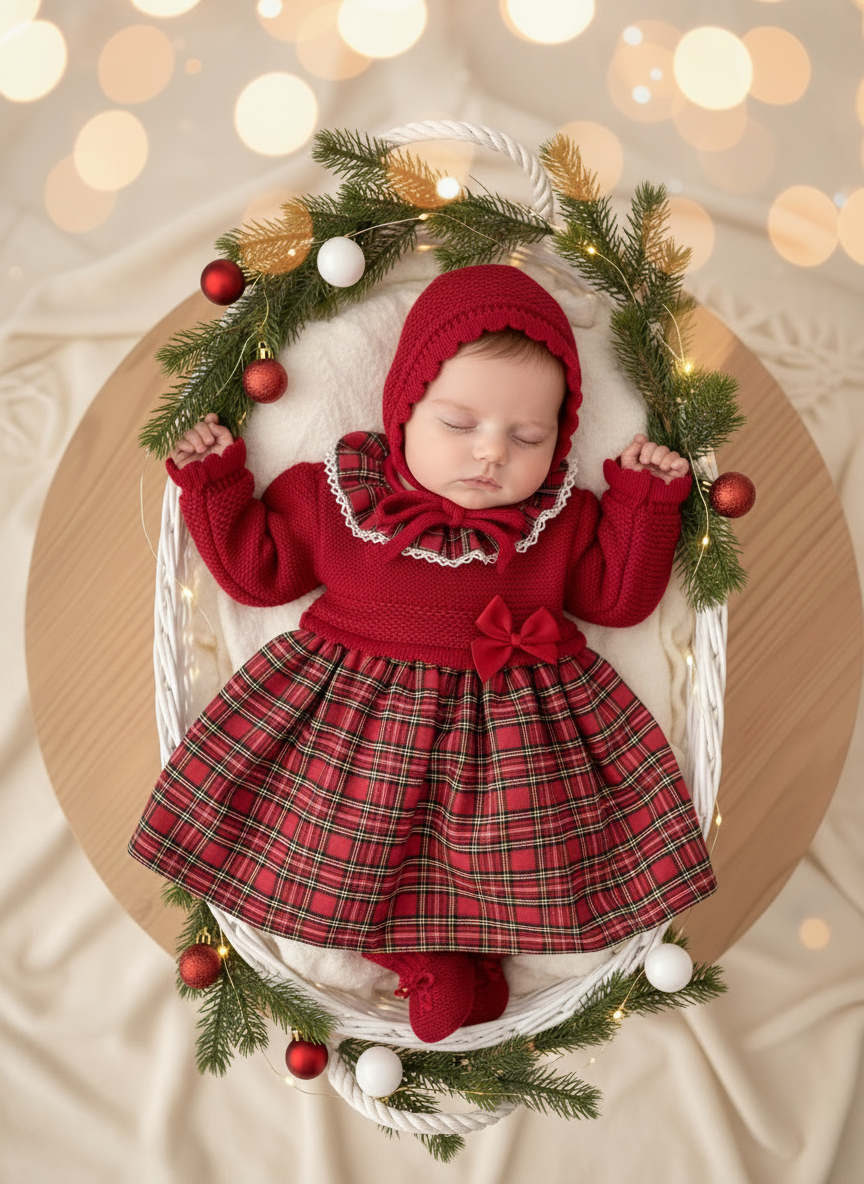 Vestido e touca malha e xadrez com laço vermelho
