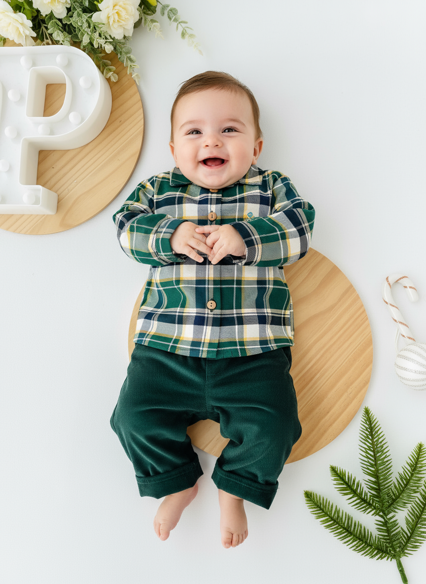 Conjunto xadrez: calças bombazine e camisa