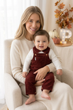 Conjunto tijolo: jardineiras e camisola 3-6-12M