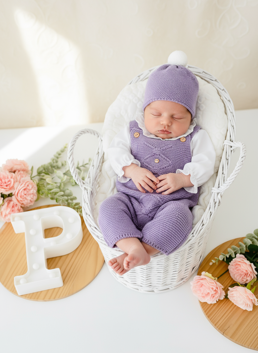 Saída de maternidade lilás: jardineiras, blusa e gorro Outono Inverno