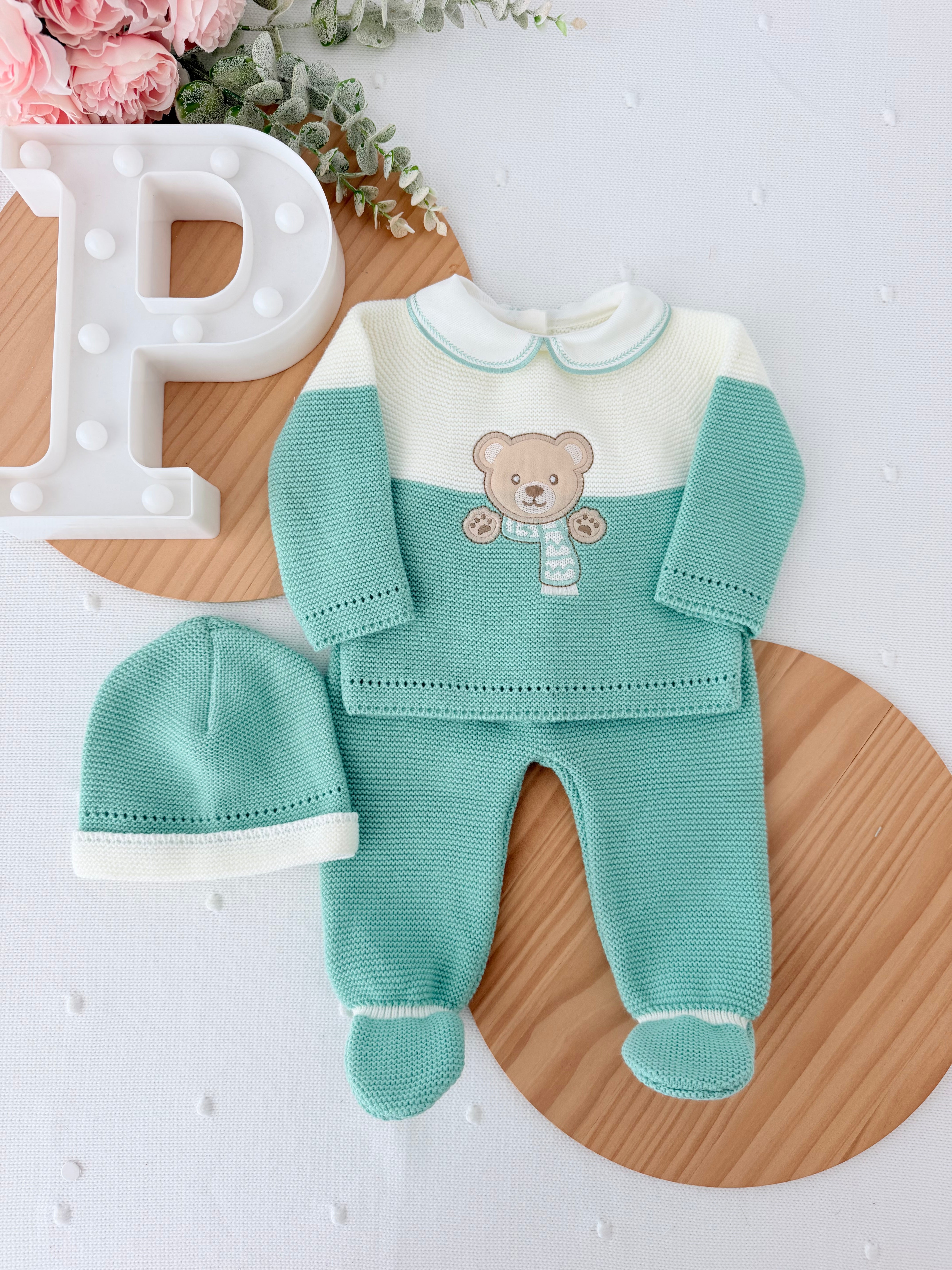Conjunto malha ursinho: camisola, calças e gorro 0/3M