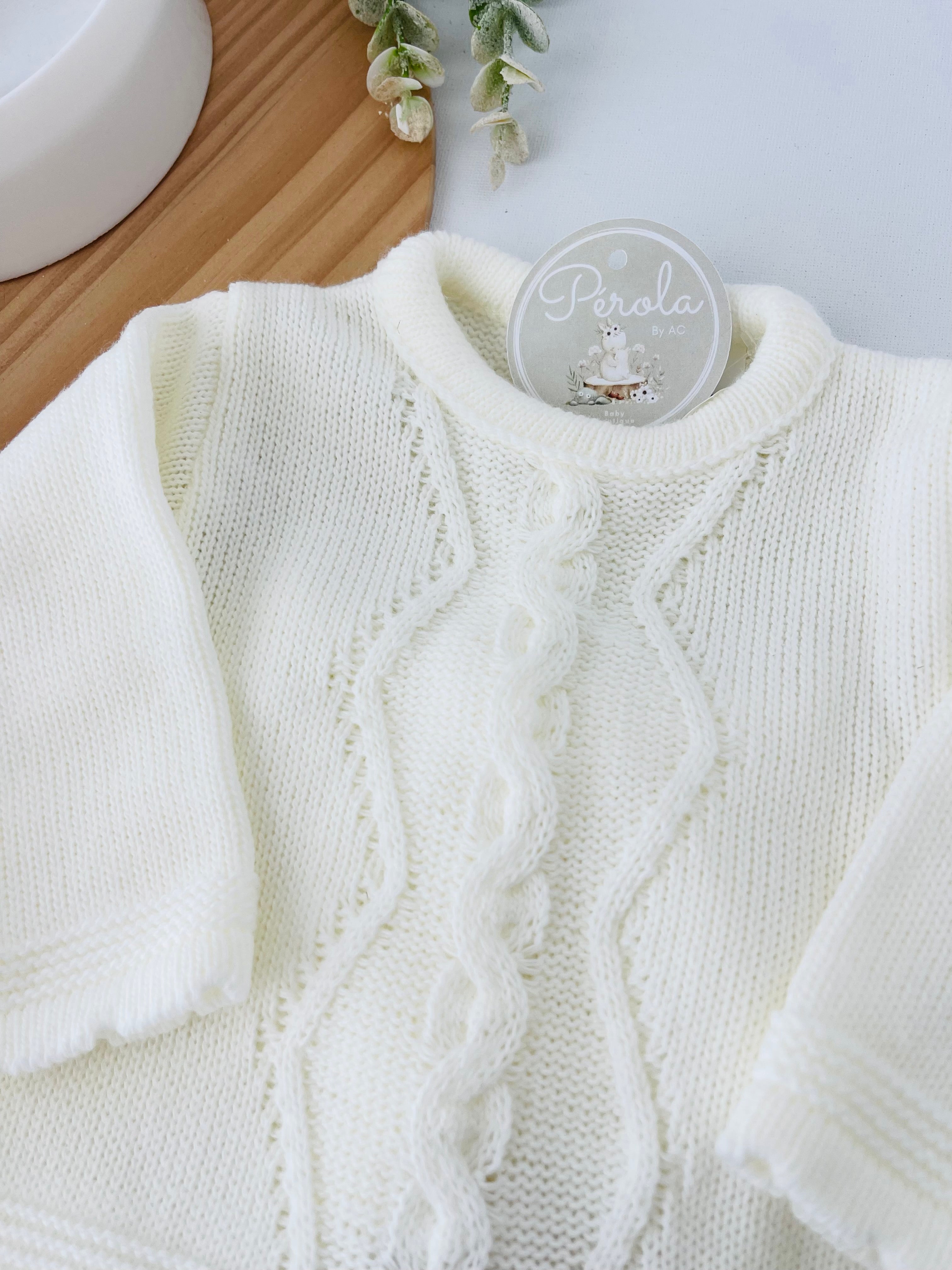 Conjunto malha trança : camisola, calças e gorro