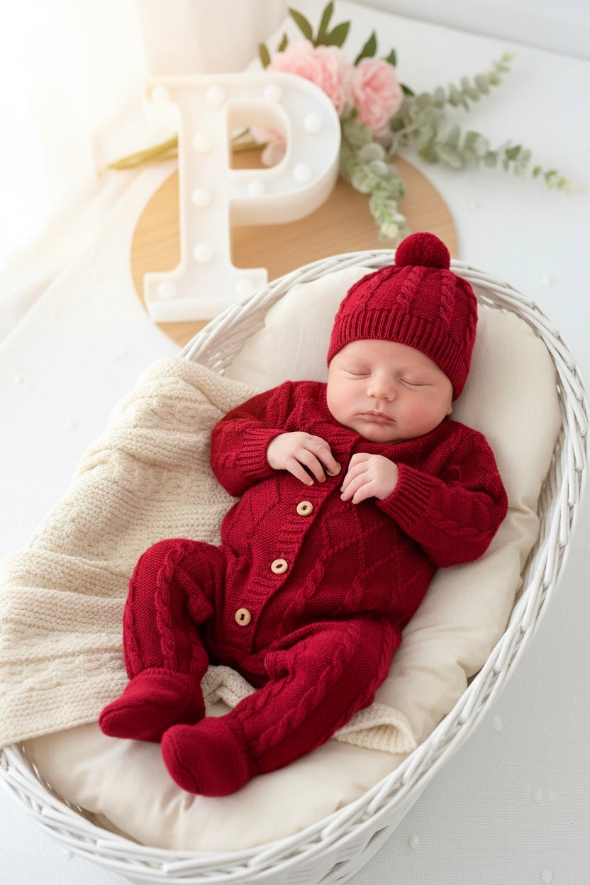 Saída de maternidade vermelho: macacão e gorro Outono Inverno