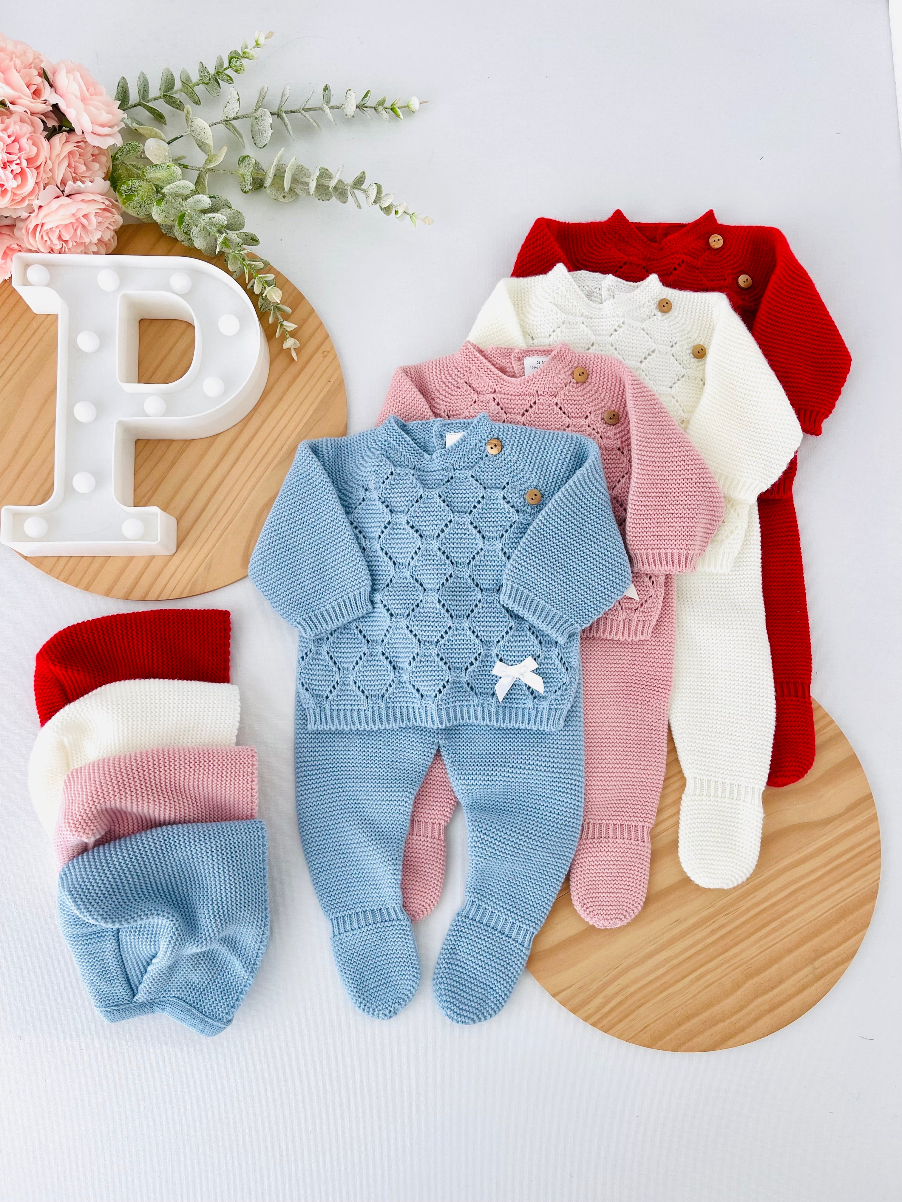 Conjunto malha colmeia para recém nascidos camisola, calças e touca - Outono/Inverno