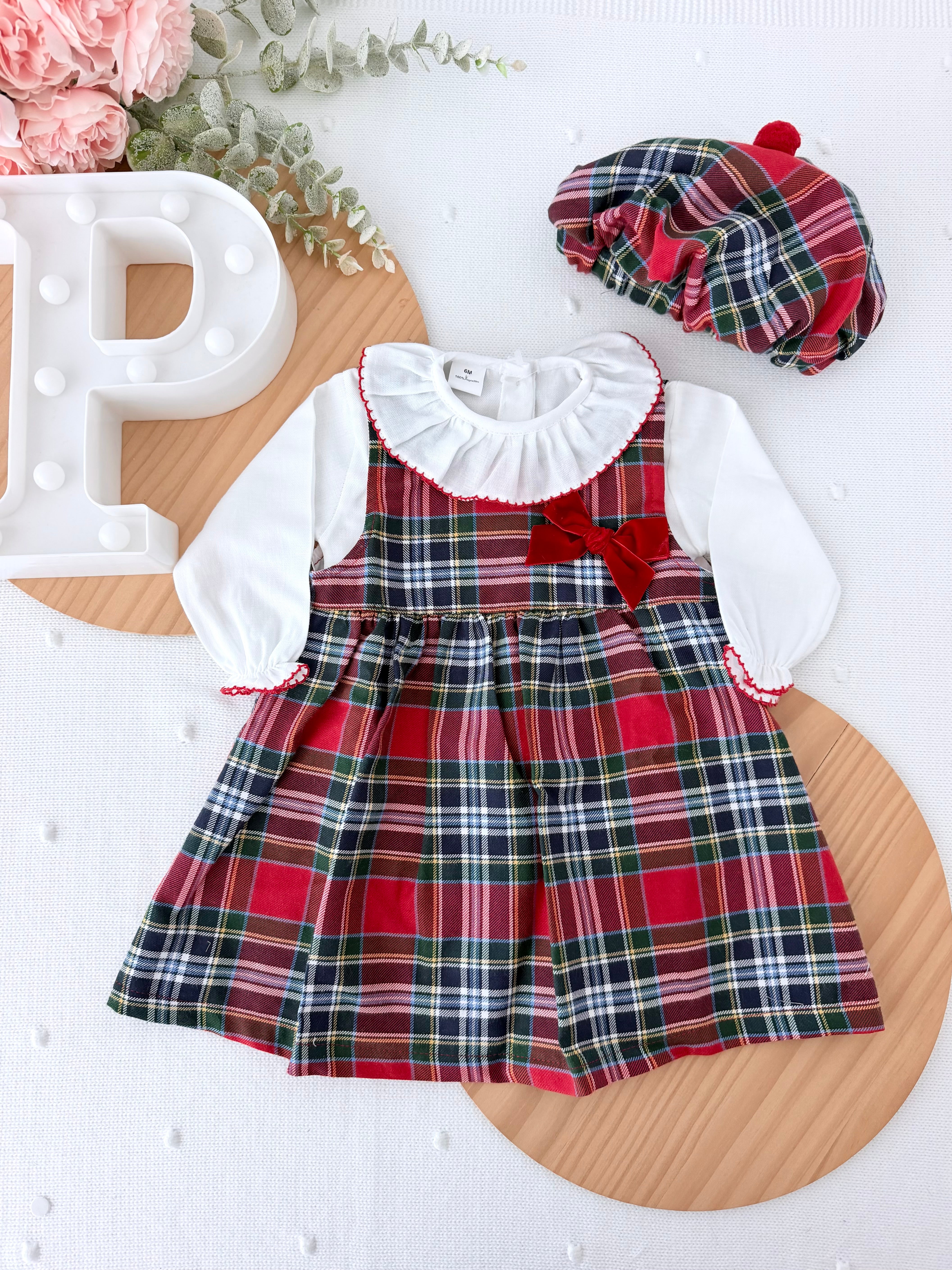 Conjunto xadrez : vestido, blusa e bóina