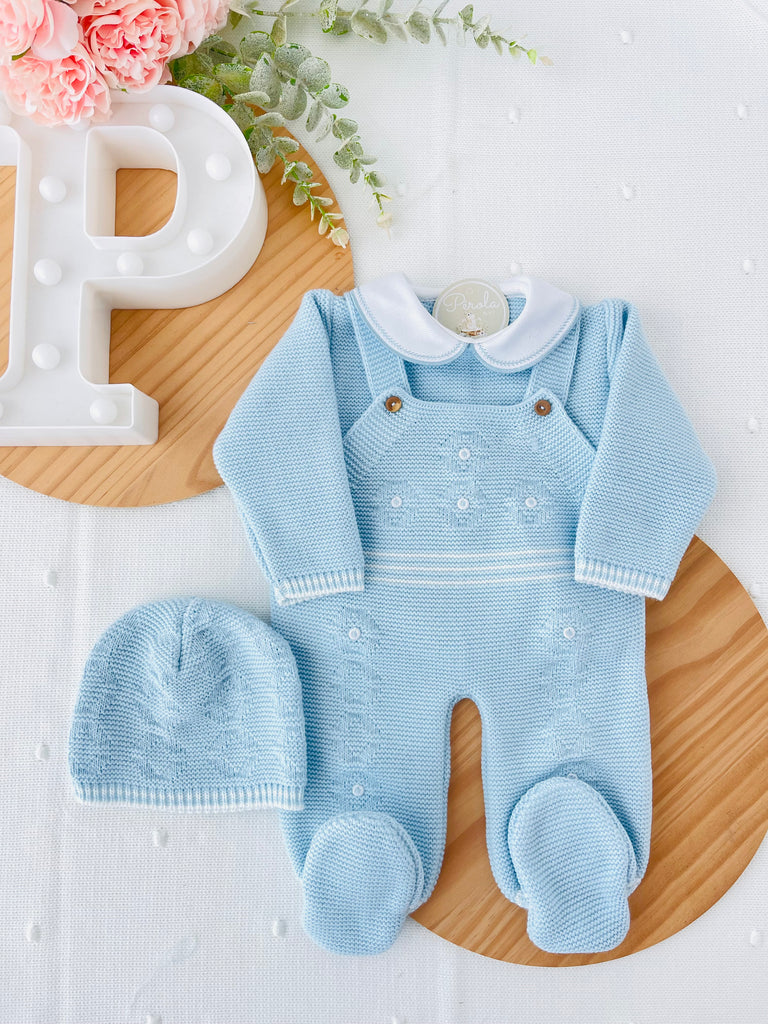 Saída de maternidade azul: jardineiras, camisola e gorro Outono/Inverno