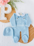 Saída de maternidade azul: jardineiras, camisola e gorro Outono/Inverno