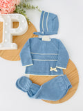 Conjunto riscas azul malha fina: camisola, calças e touca