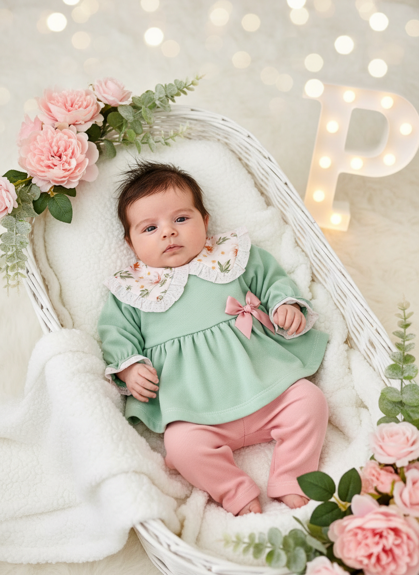 Conjunto Amélia verde: túnica e calças cardadas