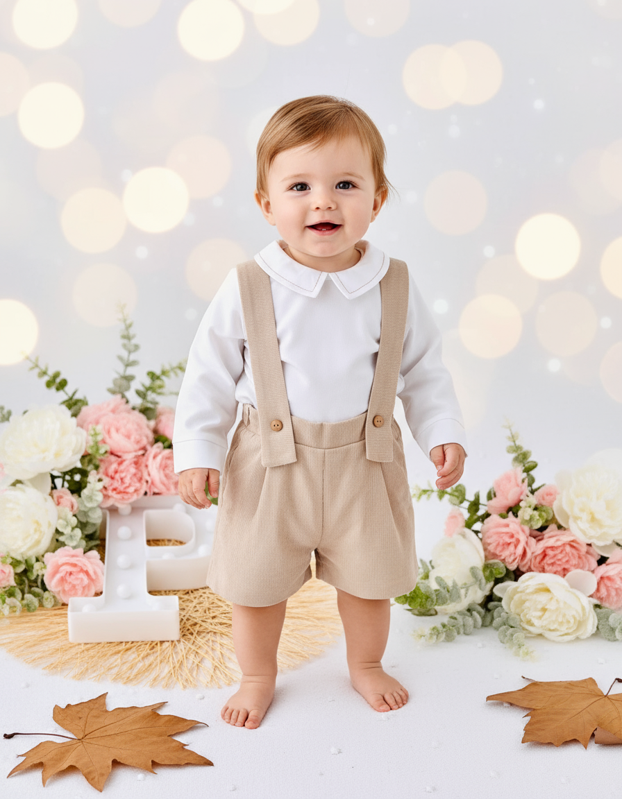 Conjunto menino bege: Calções bombazine e camisa- Outono/Inverno