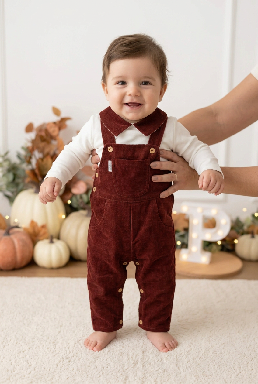 Conjunto tijolo: jardineiras e camisola 3-6-12M