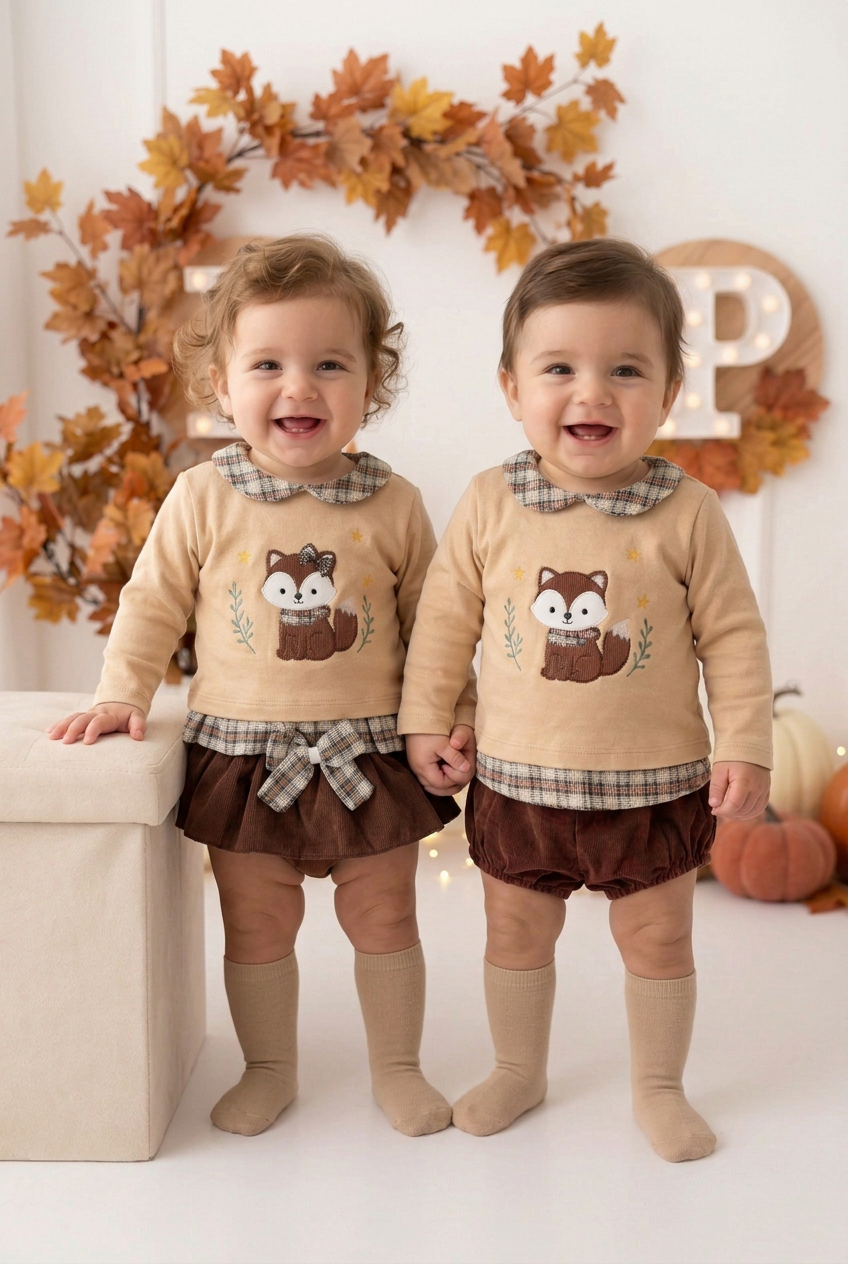 Conjunto raposa: camisola e saia/tapa fraldas