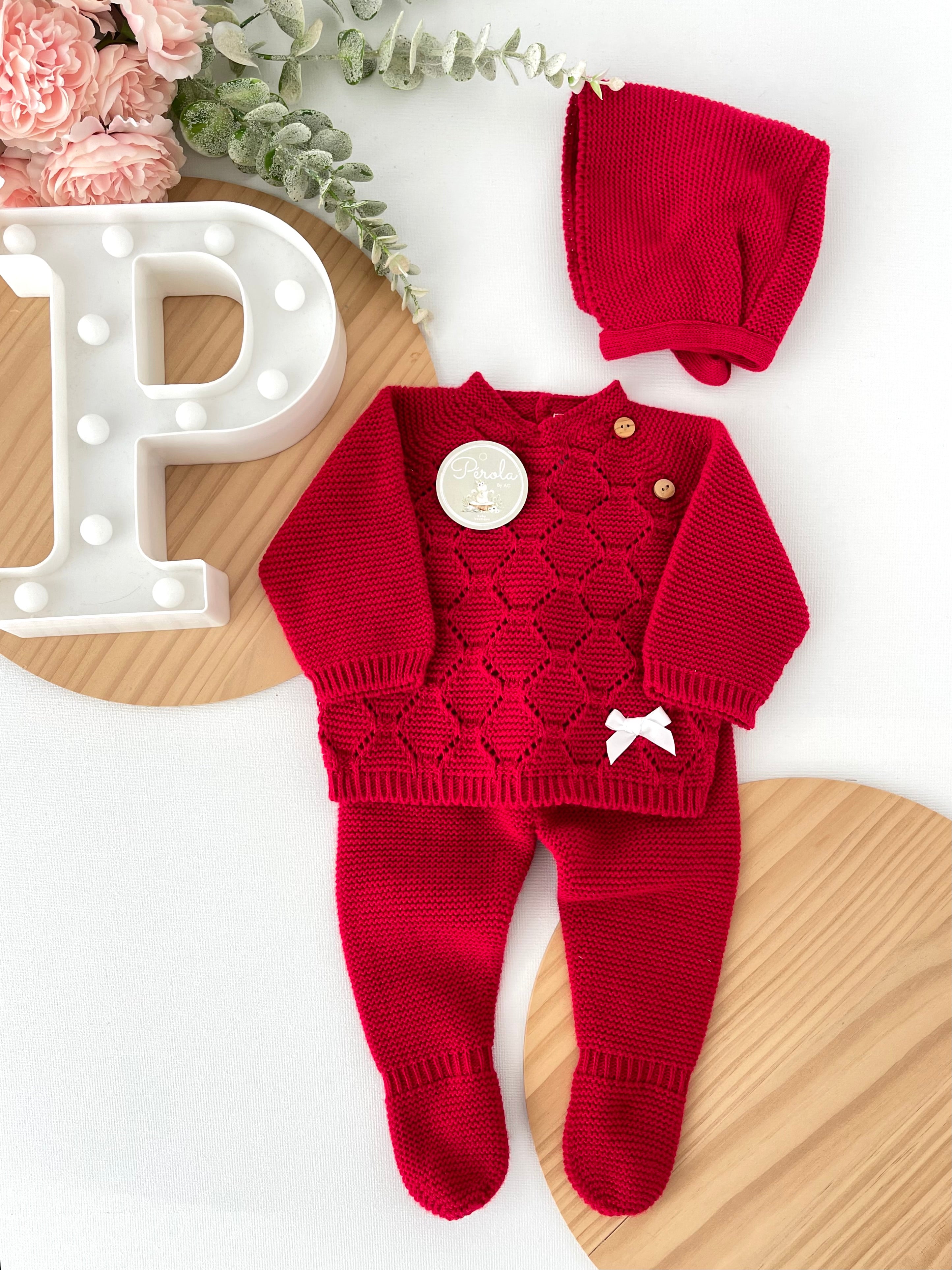 Conjunto malha colmeia para recém nascidos camisola, calças e touca - Outono/Inverno