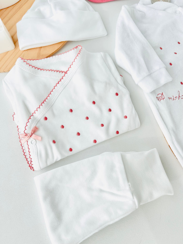 Conjunto primeira roupinha bolinhas veludo