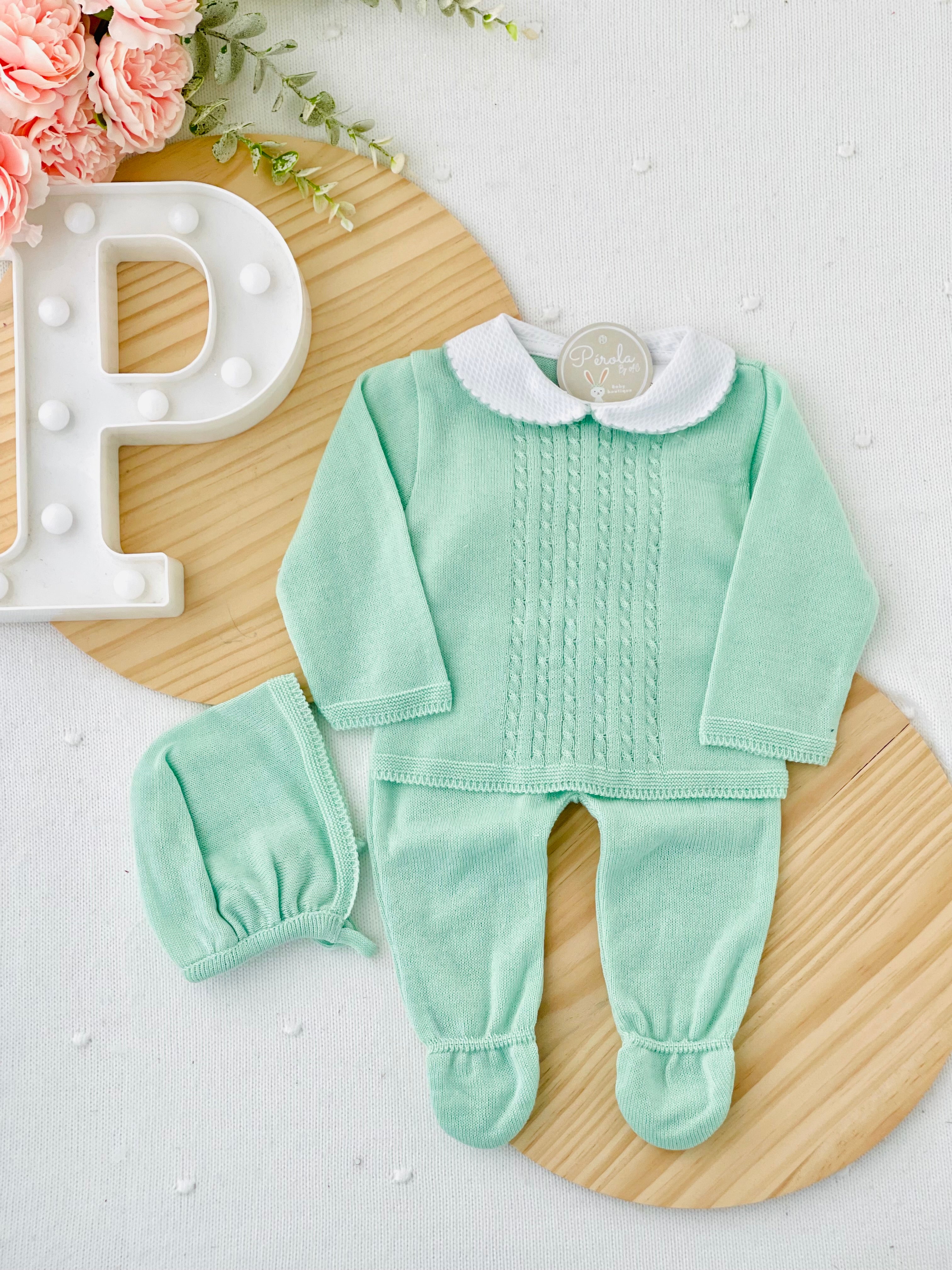 Conjunto malha fina: camisola,calças e touca Primavera/Verão