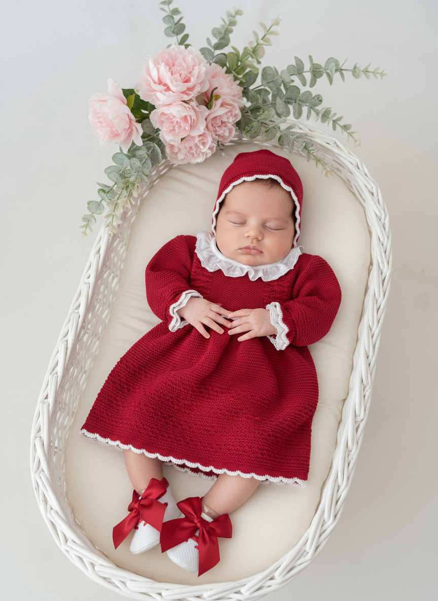 Conjunto em Malha Vermelha com Touca e Sapatinhos