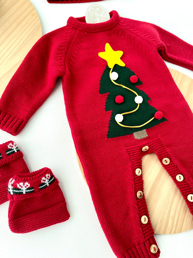 Conjunto Pinheiro de Natal: Macacão, gorro e carapins