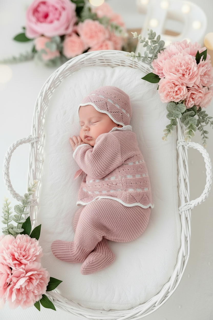Conjunto princesinha de malha rosa com bordado inglês