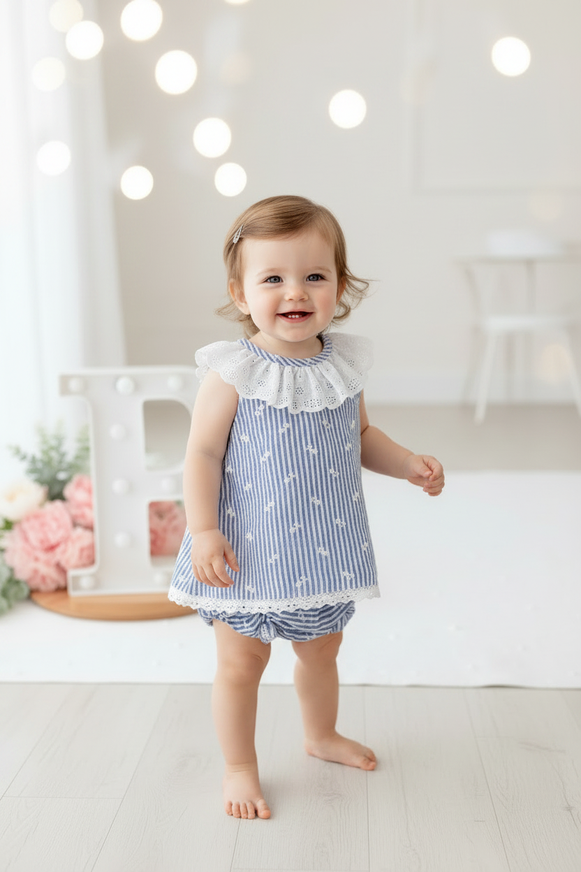 Conjunto riscas azul menina