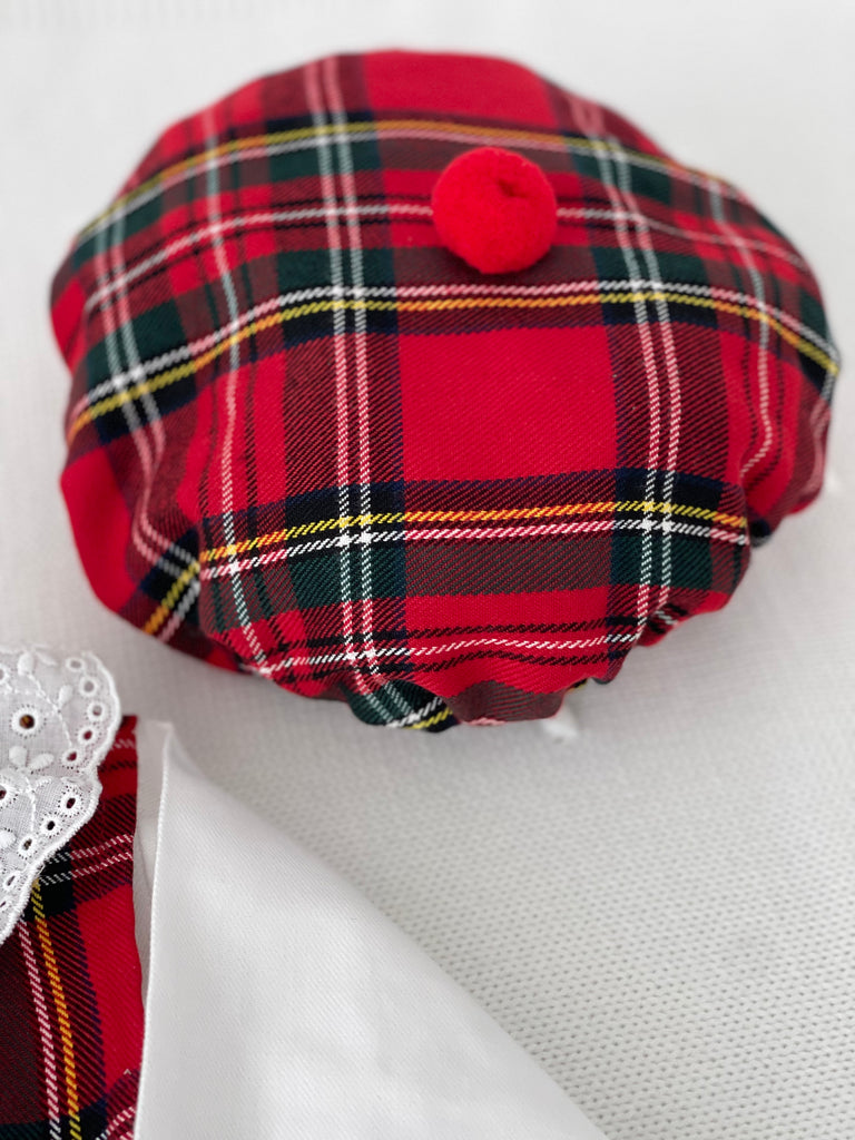 Conjunto Menina Tartan Vermelho e Preto - Vestido, Blusa e Bóina