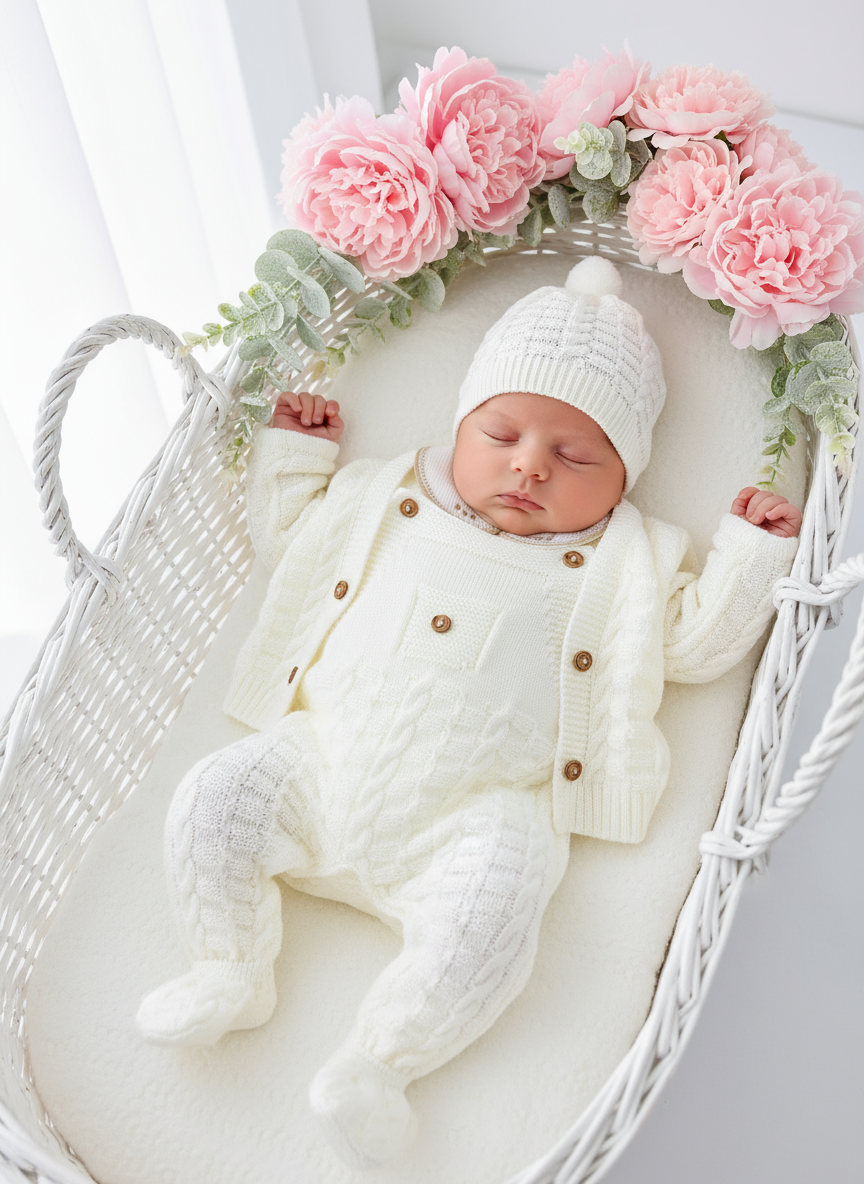 Saída de maternidade Aconchego 4 peças: casaco, jardineiras, camisola e gorro