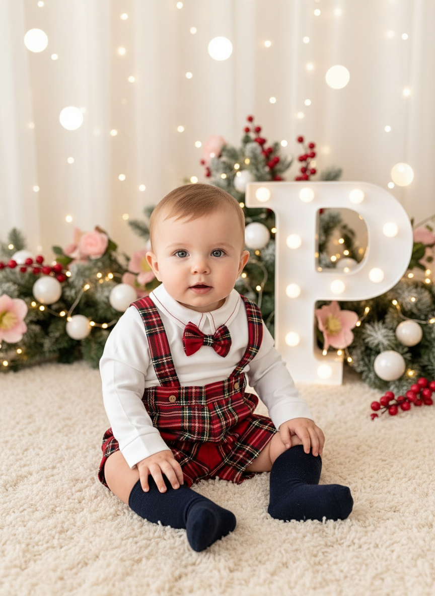 Conjunto xadrez vermelho menino Natal: calções, camisa em flanela e laço xadrez 2.0