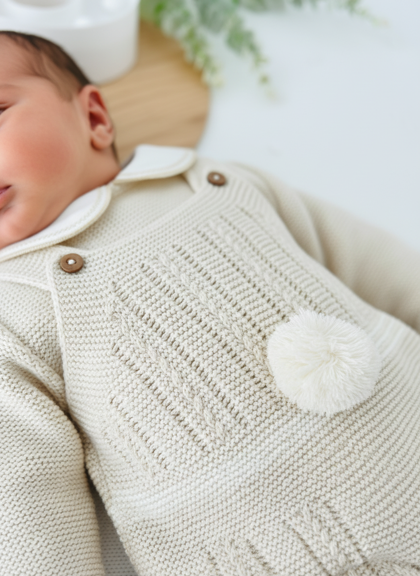 Conjunto Pompom bege: jardineiras, camisola e gorro