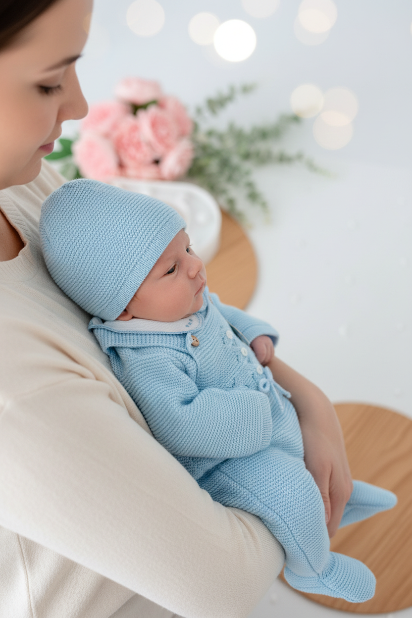 Saídas de maternidade: jardineiras, camisola e gorro outono inverno