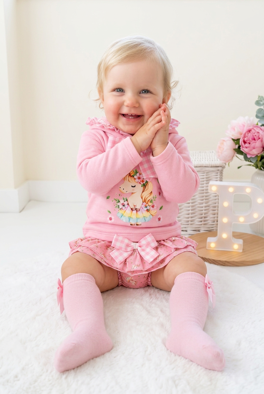 Conjunto Unicórnio Encantado Rosa – Camisola com Capuz e Tapa-Fraldas 6-36M