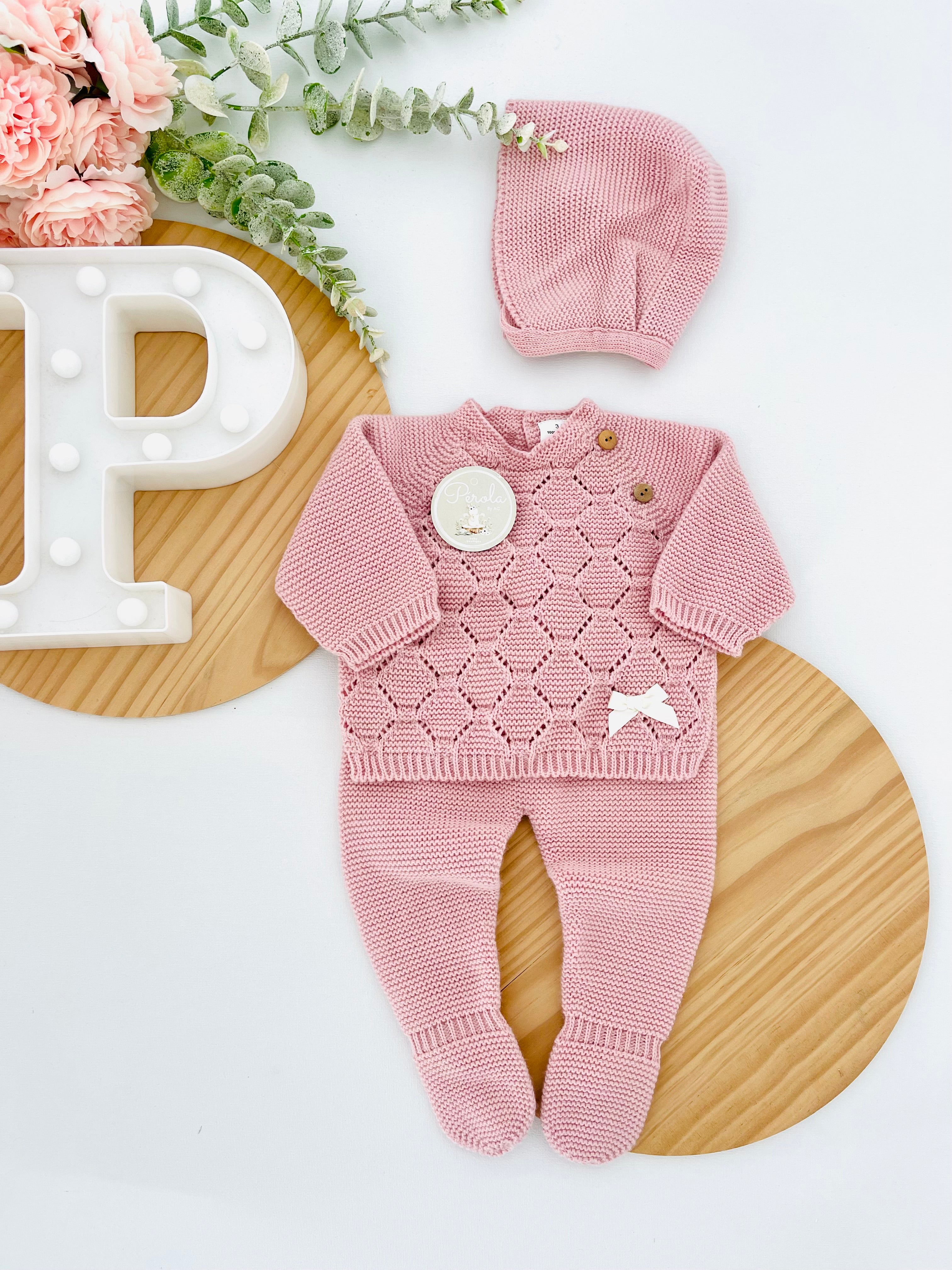 Conjunto malha colmeia para recém nascidos camisola, calças e touca - Outono/Inverno