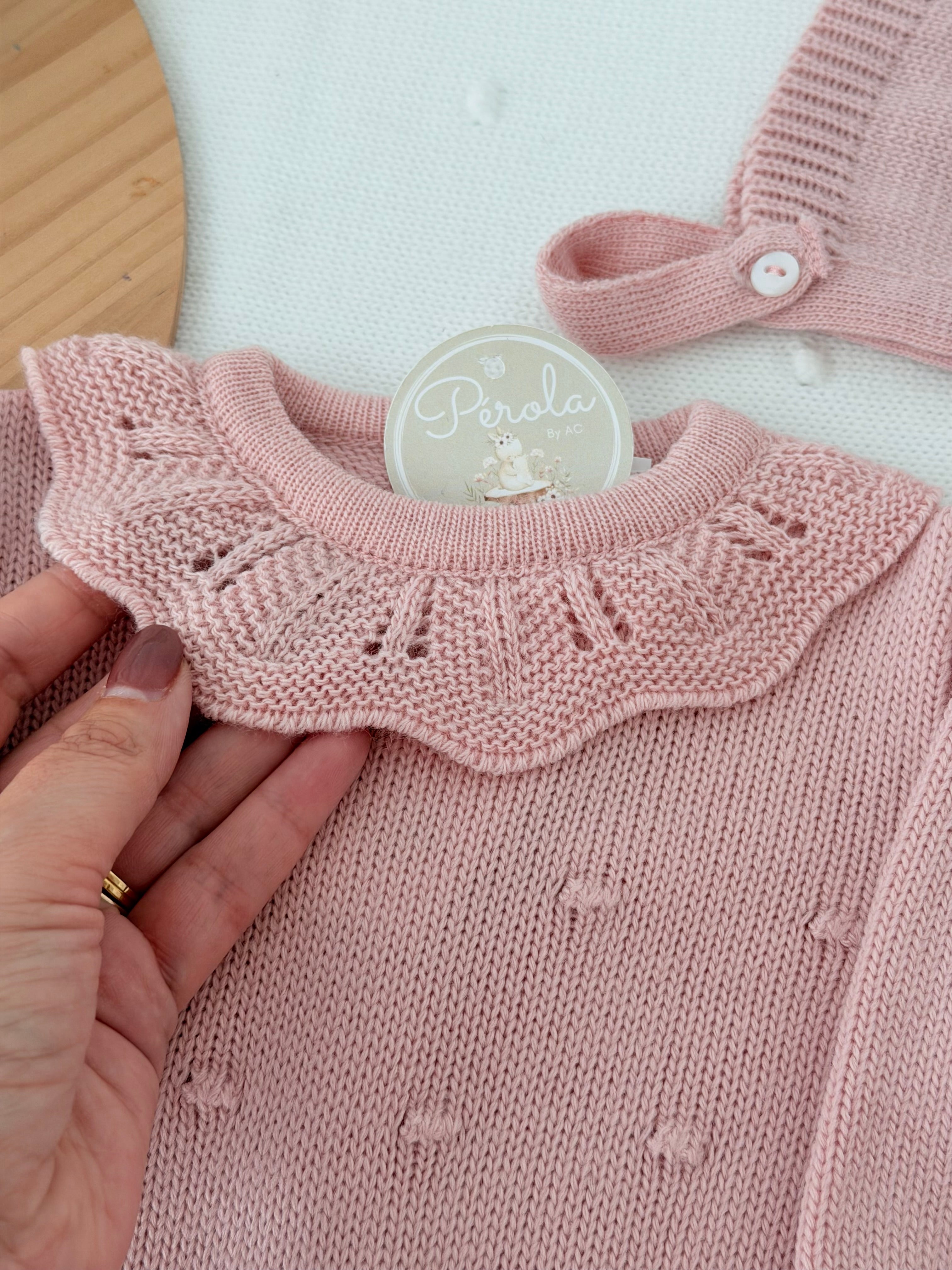 Babygrow e touca Rosa Velho em malha Outono Inverno