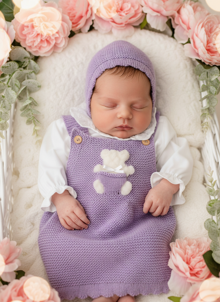 Conjunto ursinho: vestido, blusa e touca