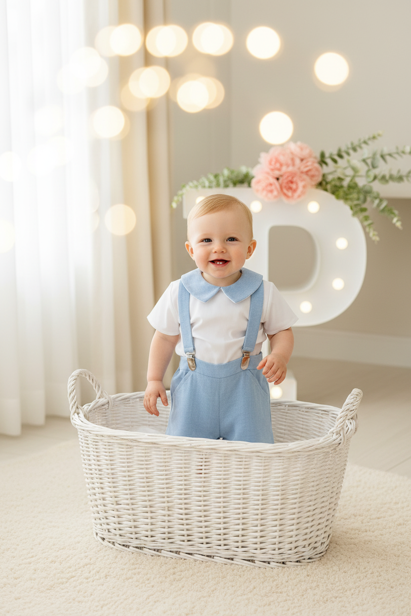 Conjunto Pequeno Príncipe: calções com suspensórios e camisa 3-12M