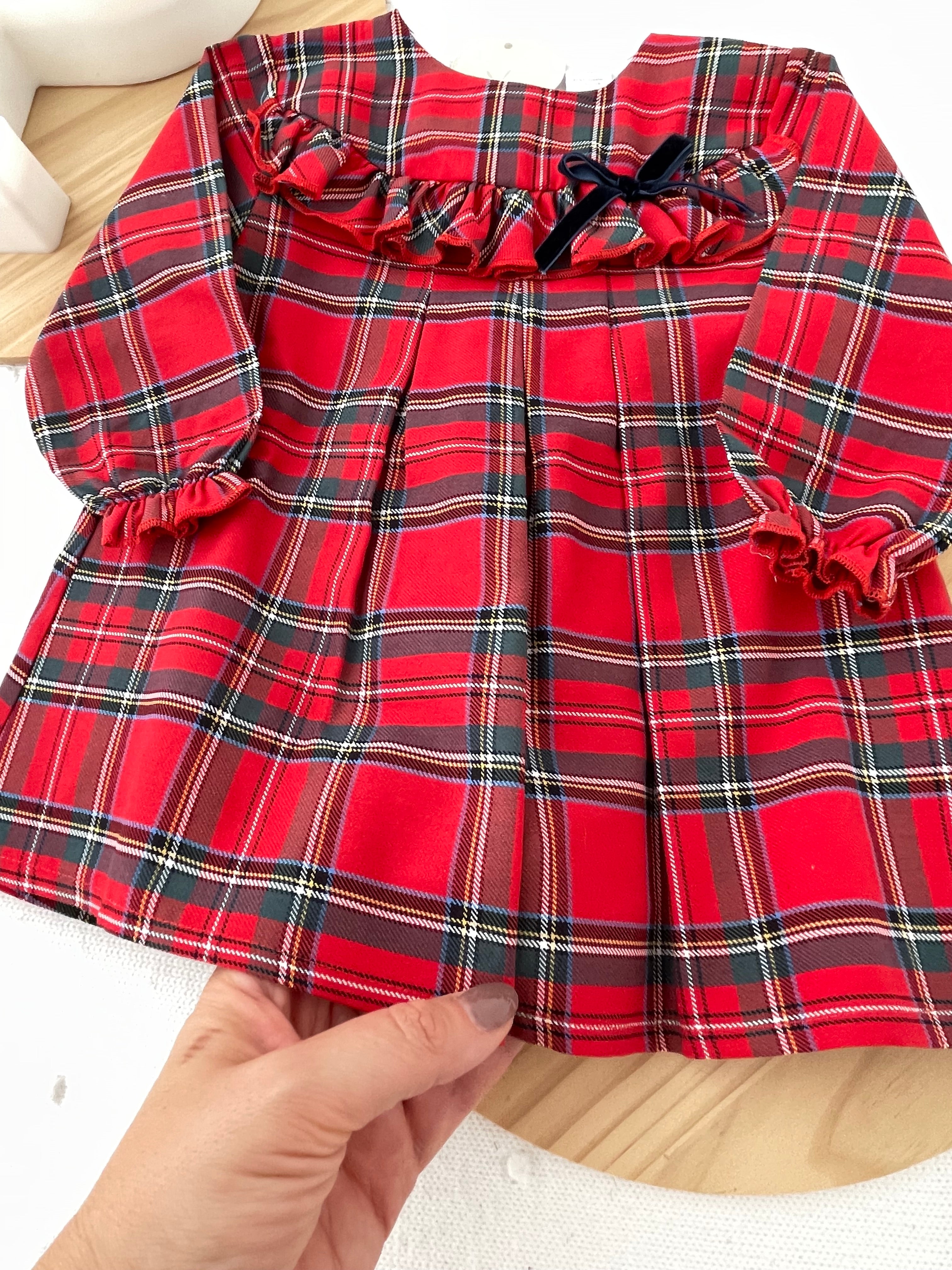 Vestido xadrez vermelho com laço azul veludo