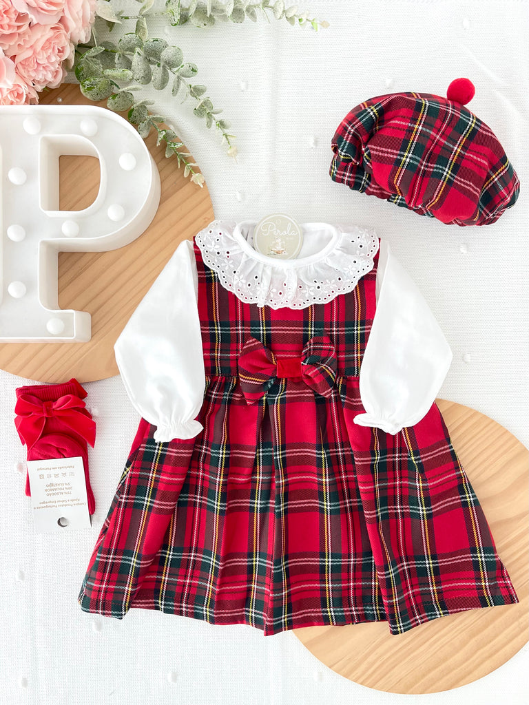 Conjunto Menina Tartan Vermelho e Preto - Vestido, Blusa e Bóina