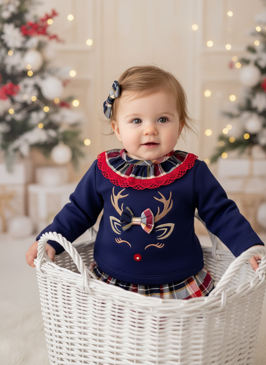 Conjunto Renas: gancho, camisola e saia/tapa fraldas