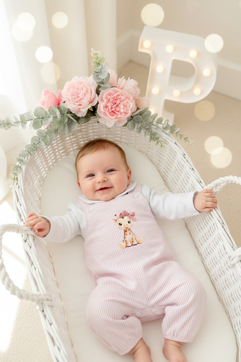 Conjunto girafa rosa: Jardineiras e camisola 3-12M