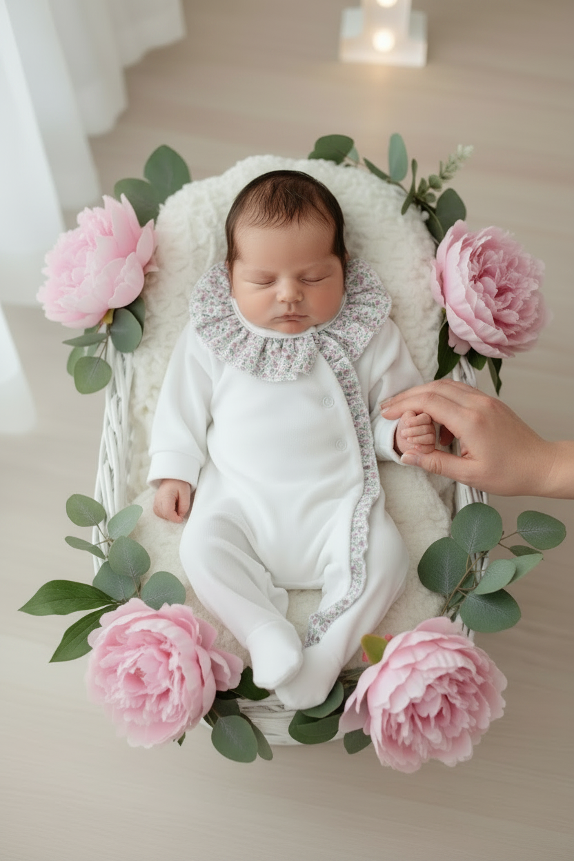 Babygrow tema flores em VELUDO Branco