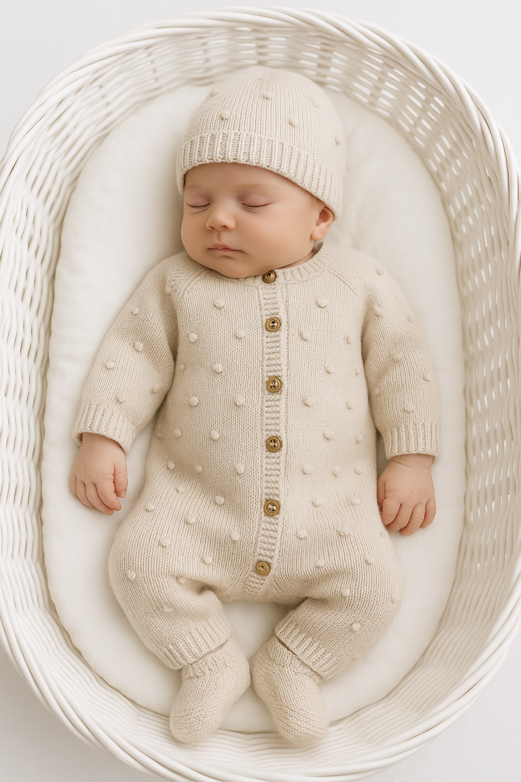 Conjunto bolinhas BEGE: macacão, gorro e carapins de malha